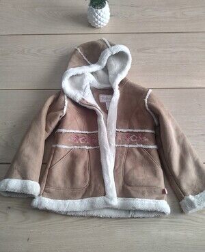 Rothschild Girls' Tan Hooded Faux-Suede Puffer with White Faux-Fur Trim